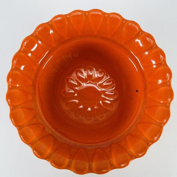 California Pottery Bowl Bright Orange Scalloped Rim VTG Swirled Line MCM 6.25in - Picture 1 of 10
